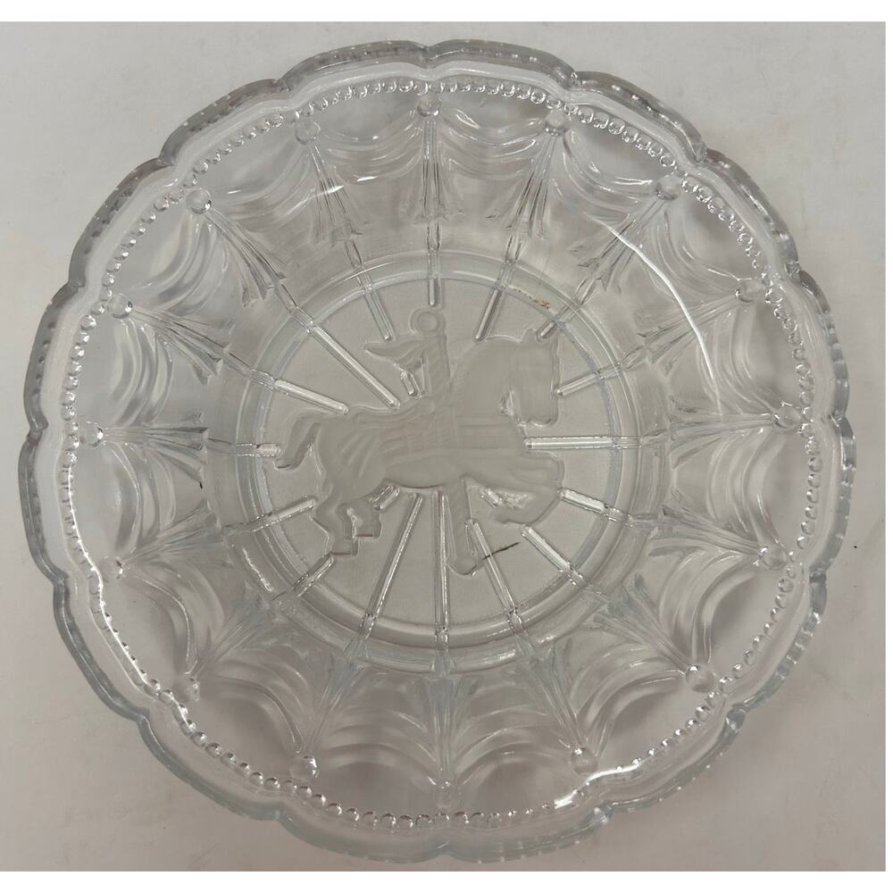 Vintage Cut Etched Clear and Frosted Glass Carousel Horse Candy Dish 8"‎